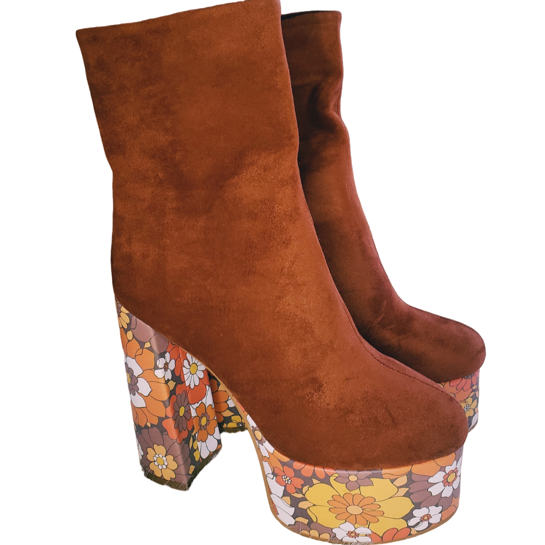 Suede Floral Platform Boots