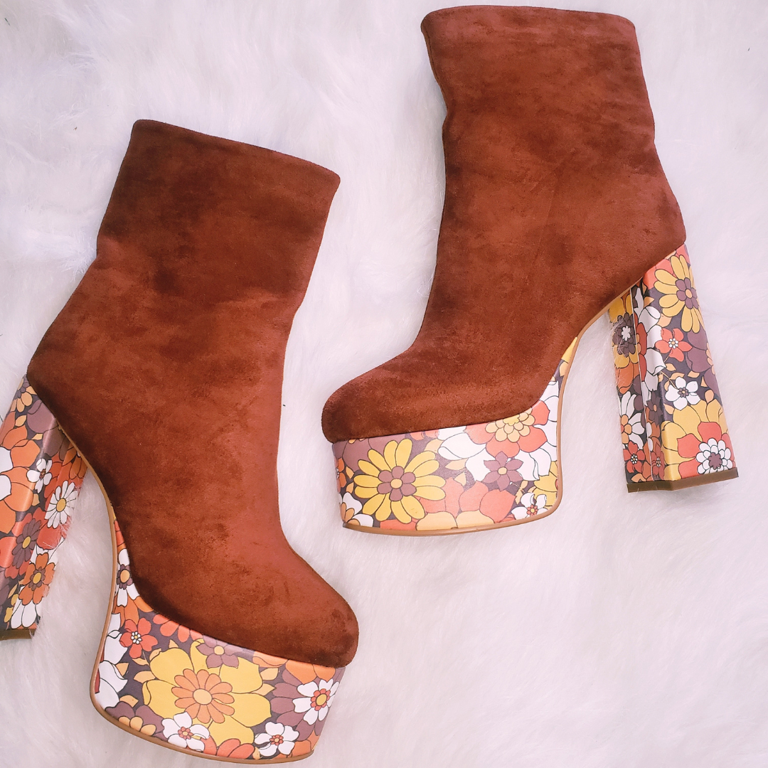 Suede Floral Platform Boots