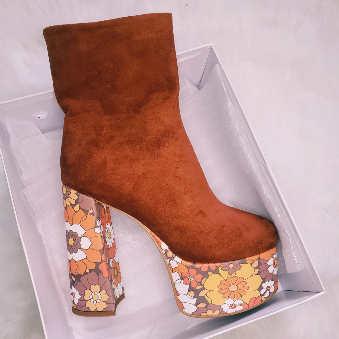 Suede Floral Platform Boots