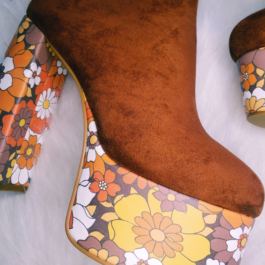 Suede Floral Platform Boots