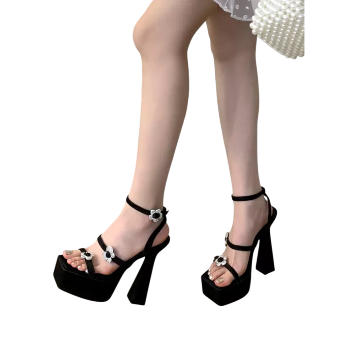 Michelle Black Flower Platform Heels (Made to Order)