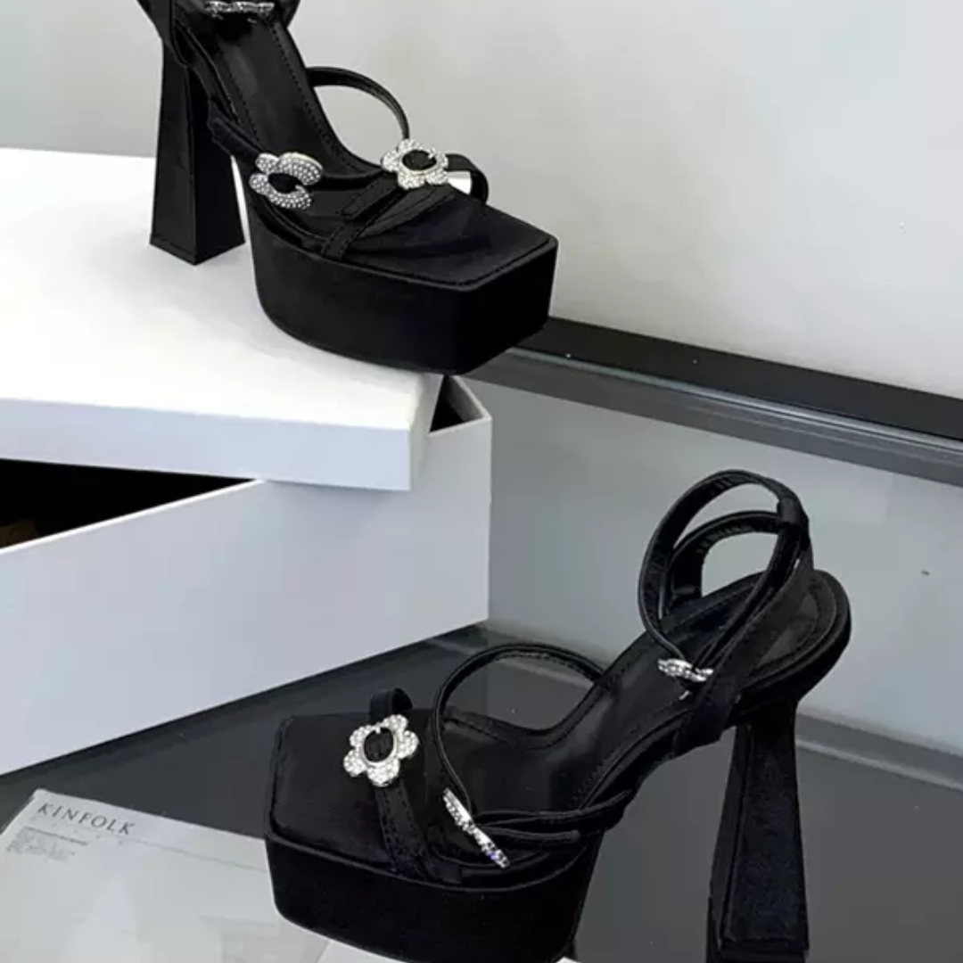 Michelle Black Flower Platform Heels (Made to Order)