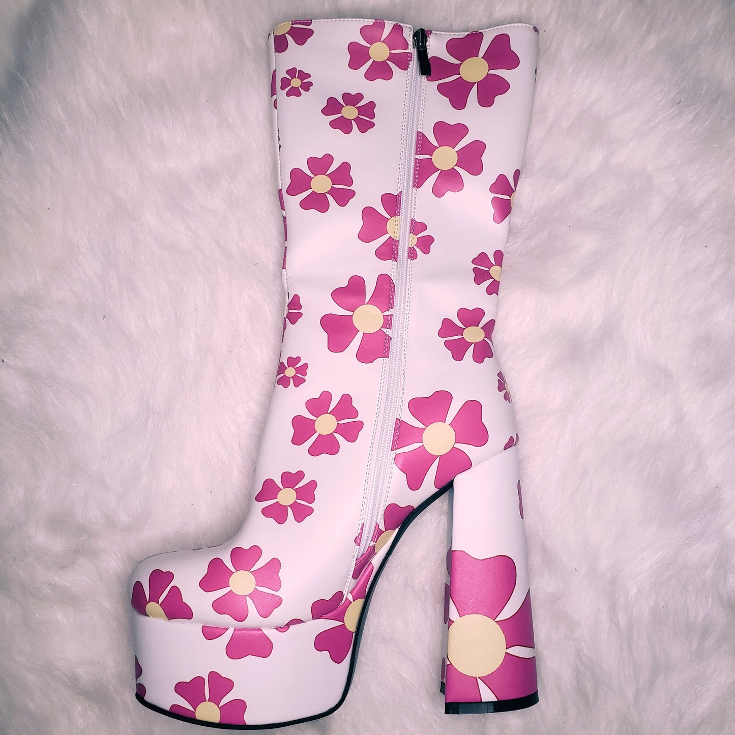 White Platform Gogo Boots with pink 70's flowers