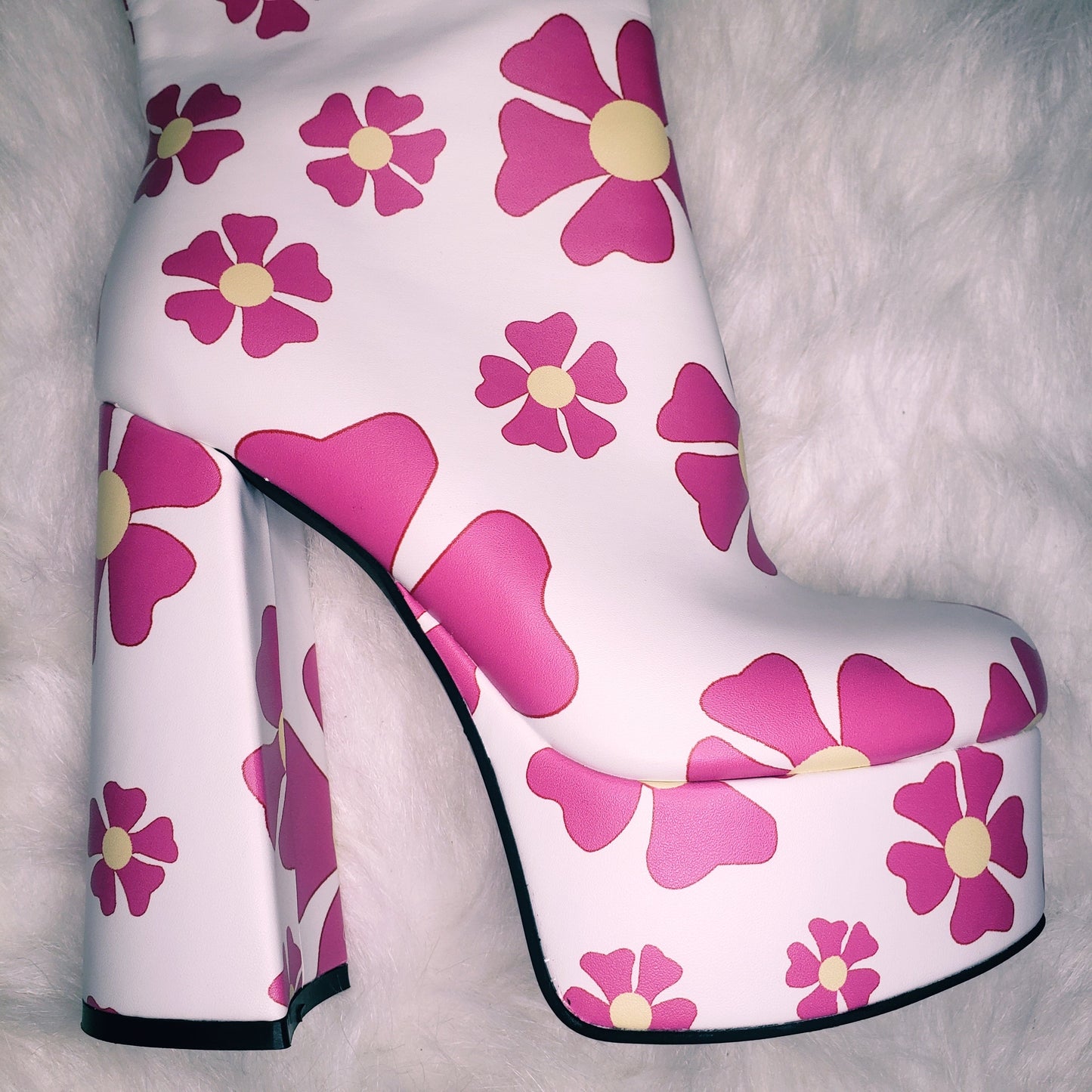 White Platform Gogo Boots with pink 70's flowers