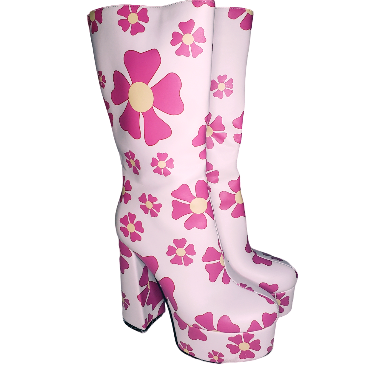 White Platform Gogo Boots with pink 70's flowers