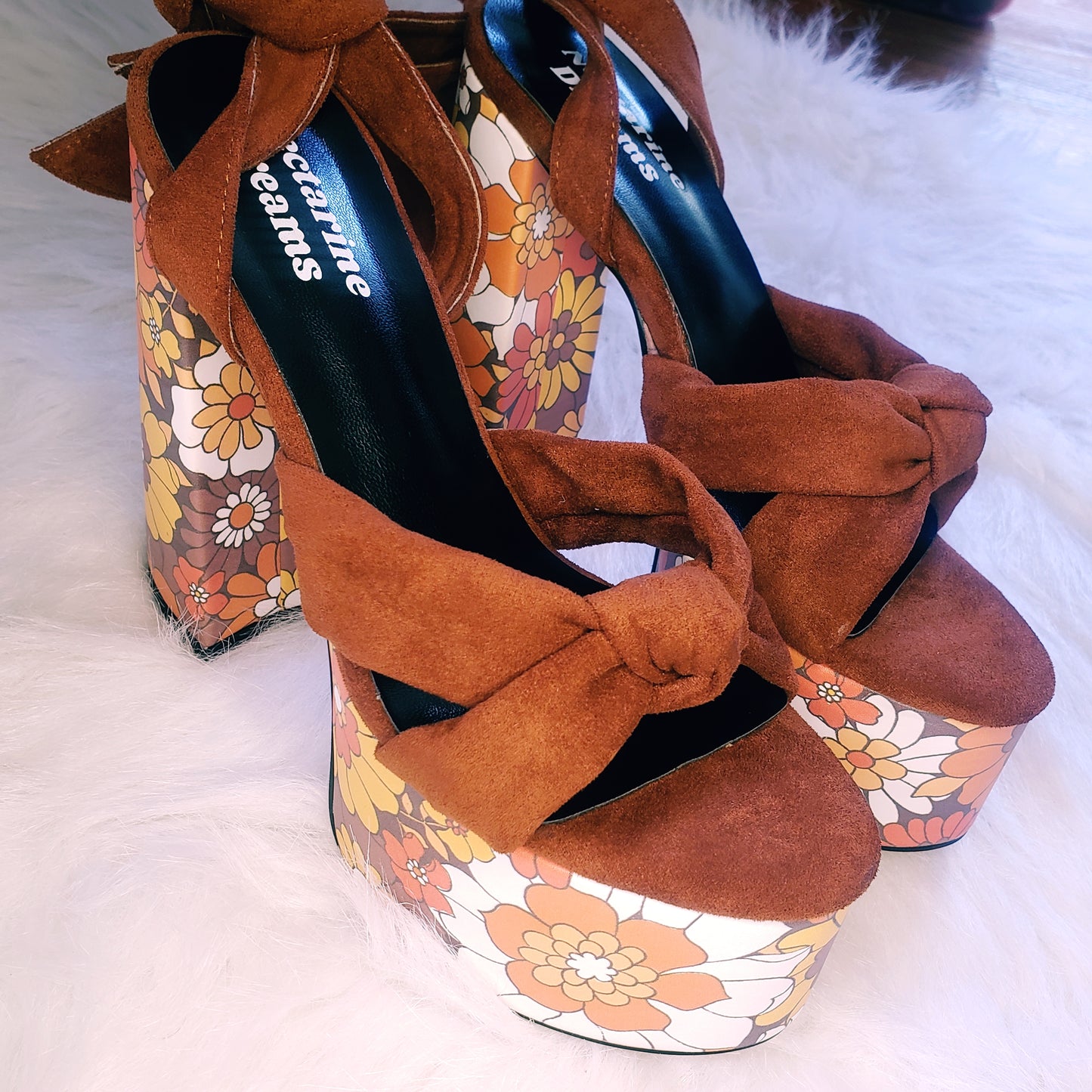 Suede Floral Platform Heels