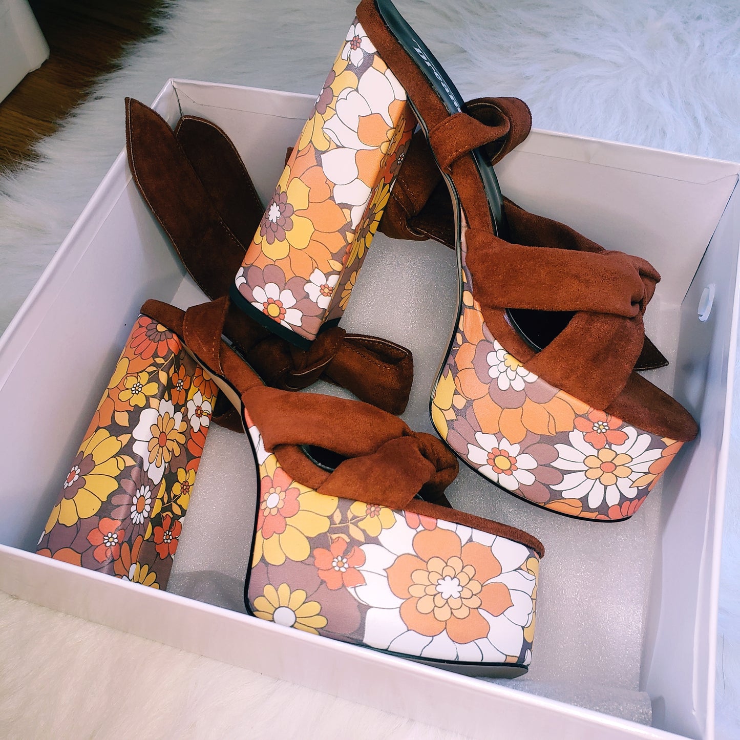 Suede Floral Platform Heels