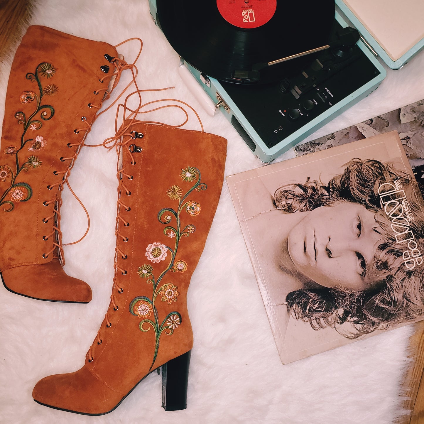 Penny Lane Boots-Brown suede floral embroidered boots