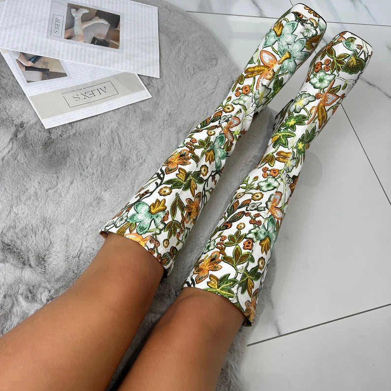 Viral Flower Power gogo boots, knee high boots with floral print