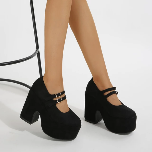 Black retro chunky platform mary jane heels. Black suede round toe platform heels inspired by the 70's.