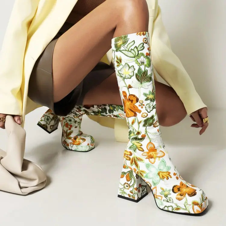 Viral Flower Power gogo boots, knee high boots with floral print