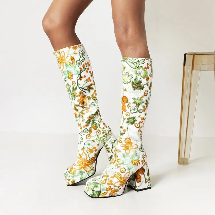 Viral Flower Power gogo boots, knee high boots with floral print