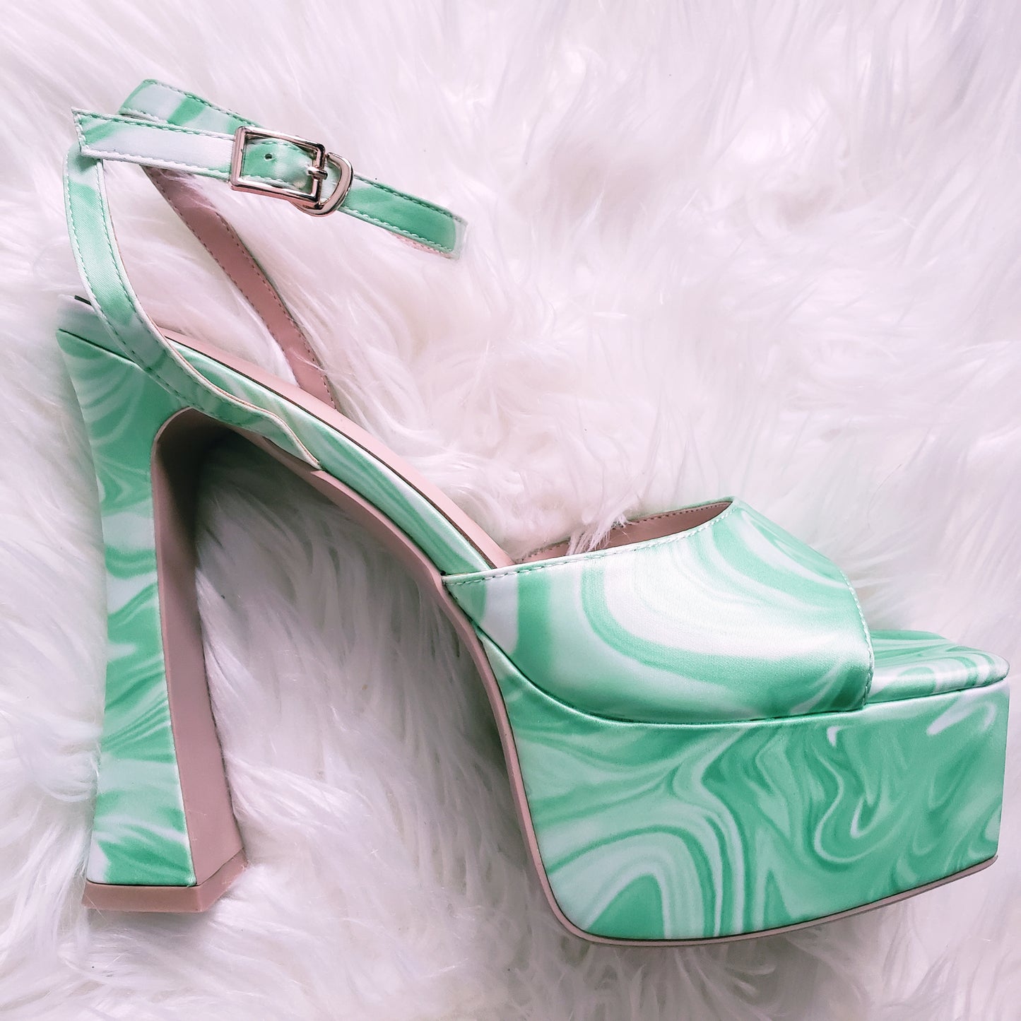 Satin Marble swirl platform heels with strappy design and open toe. Flared platform heel.