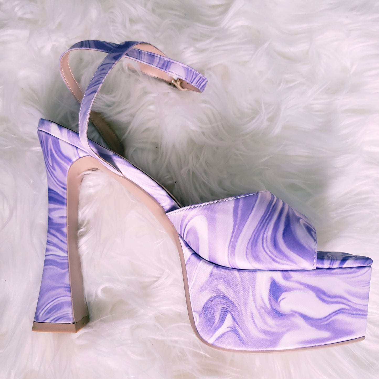 Satin Marble swirl platform heels with strappy design and open toe. Flared platform heel.