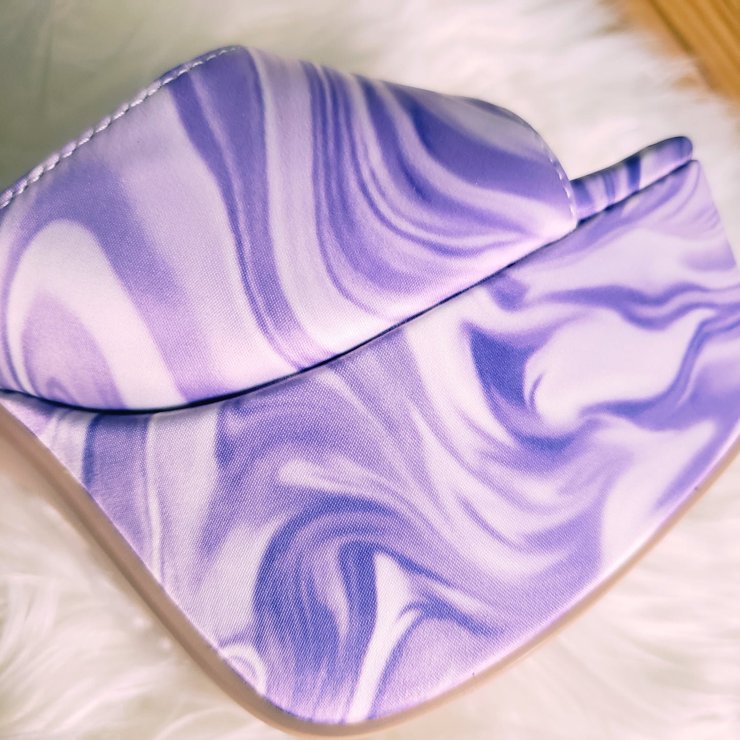 Satin Marble swirl platform heels with strappy design and open toe. Flared platform heel.