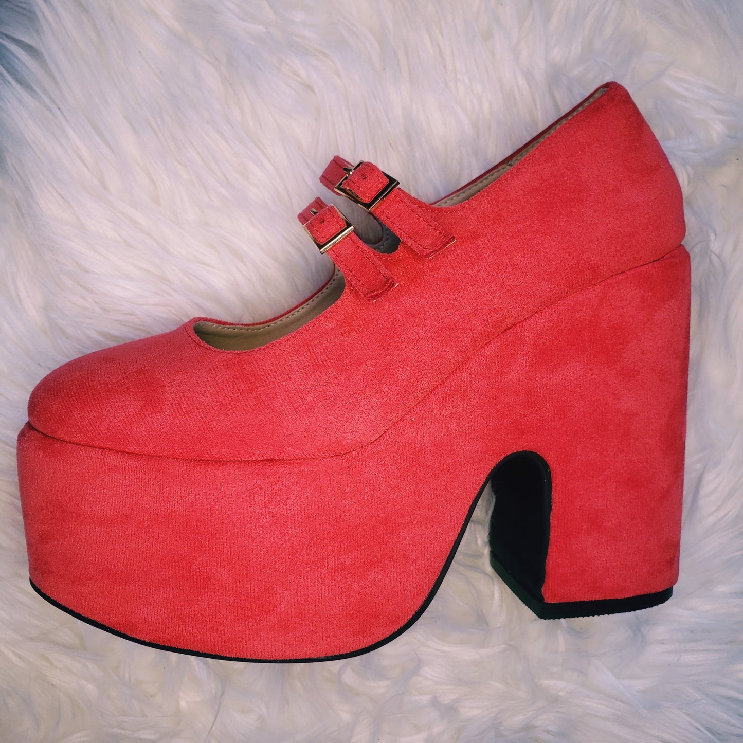 Red retro chunky platform mary jane heels. Red suede round toe platform heels inspired by the 70's.