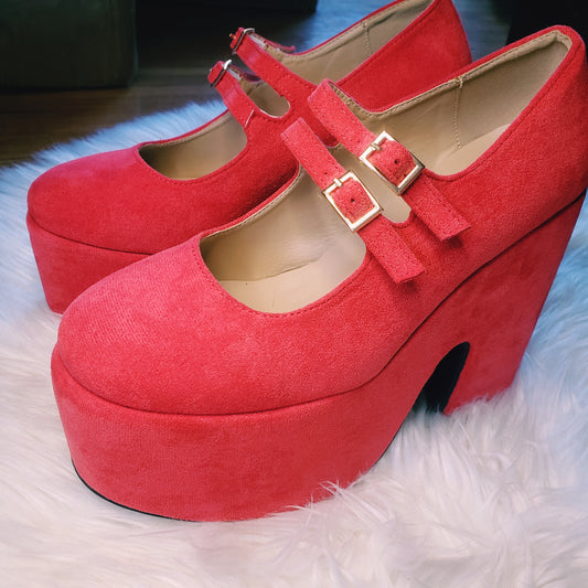 Red retro chunky platform mary jane heels. Red suede round toe platform heels inspired by the 70's.