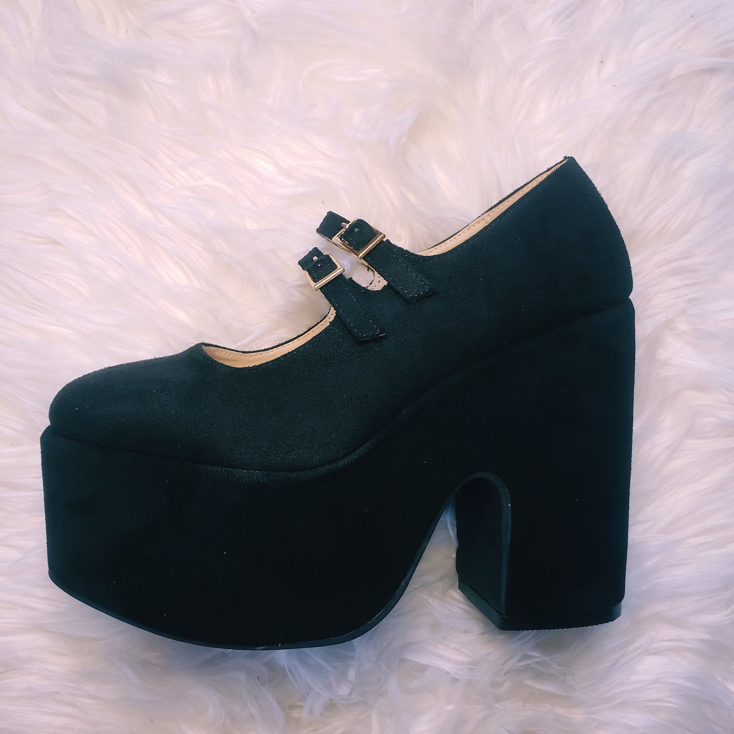 Black retro chunky platform mary jane heels. Black suede round toe platform heels inspired by the 70's. 