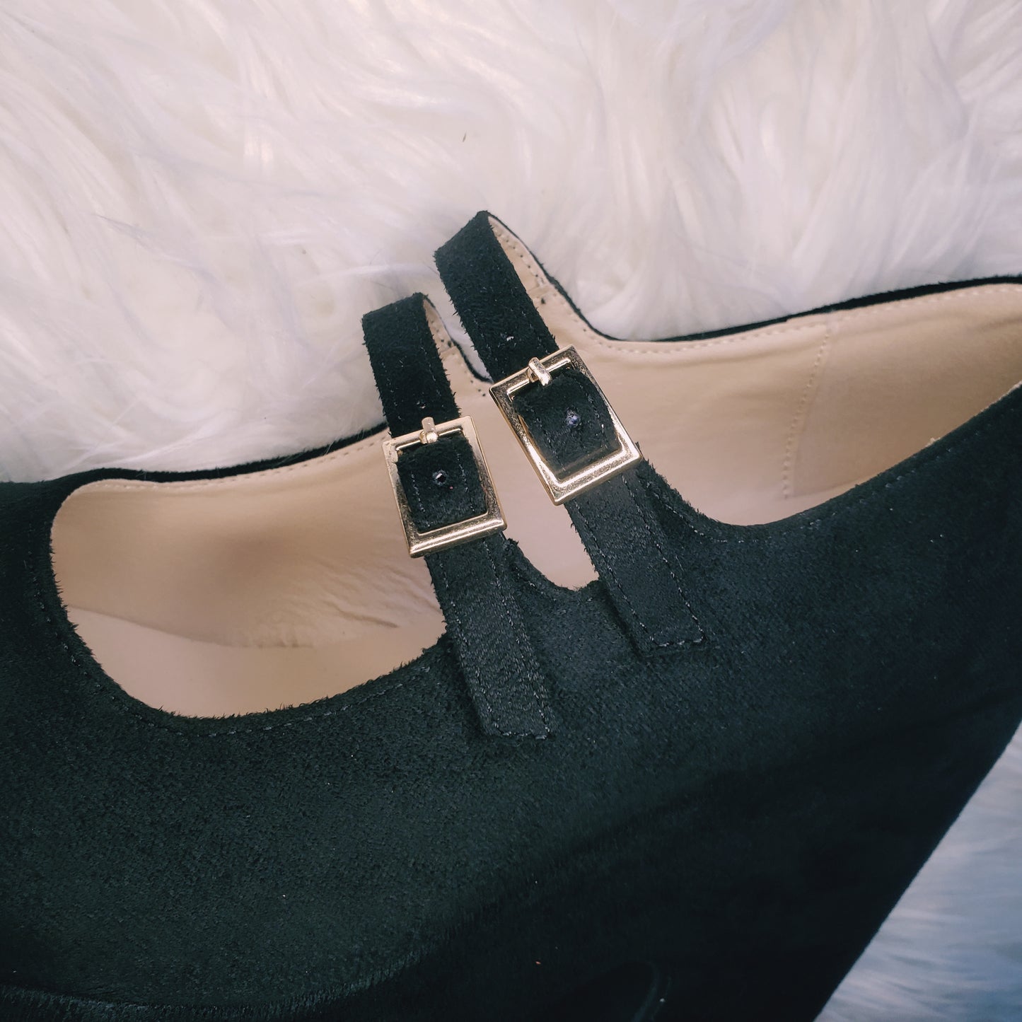Black retro chunky platform mary jane heels. Black suede round toe platform heels inspired by the 70's.