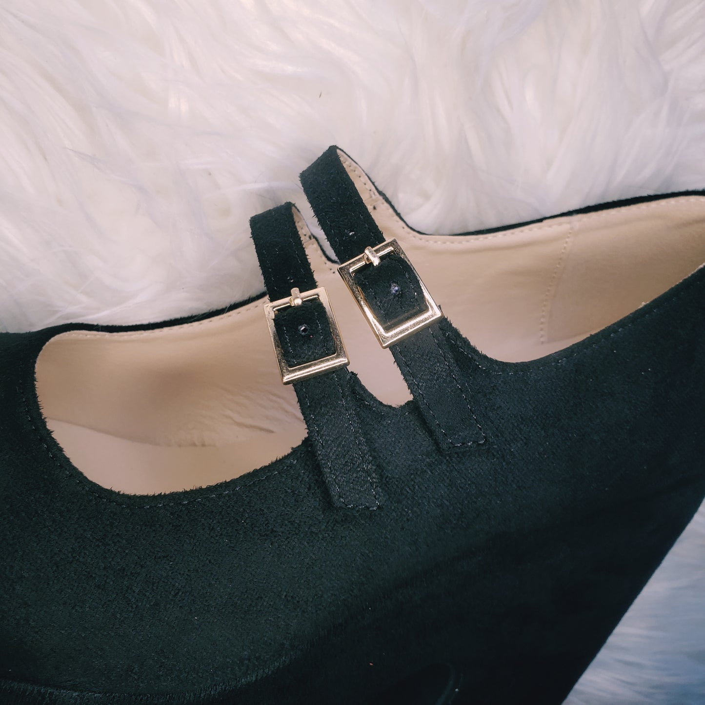 Black retro chunky platform mary jane heels. Black suede round toe platform heels inspired by the 70's. 