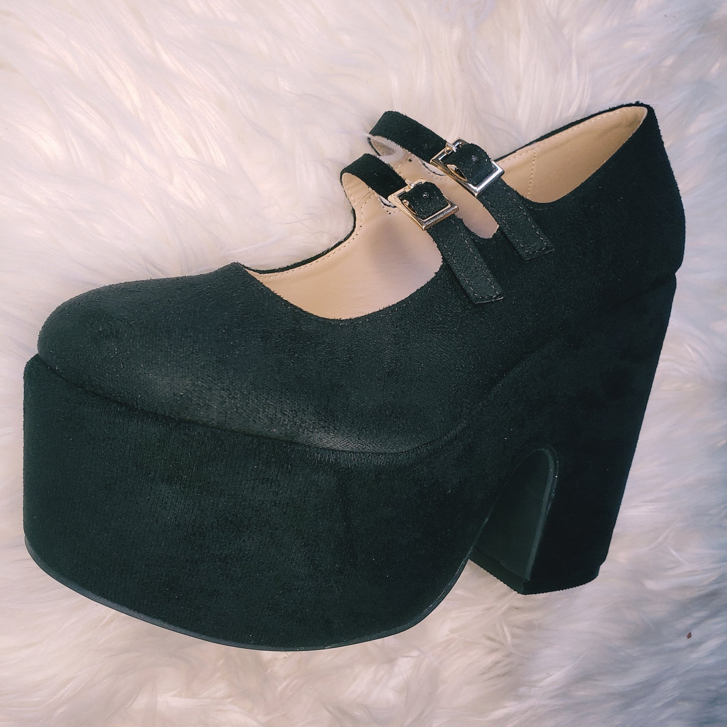 Black retro chunky platform mary jane heels. Black suede round toe platform heels inspired by the 70's. 