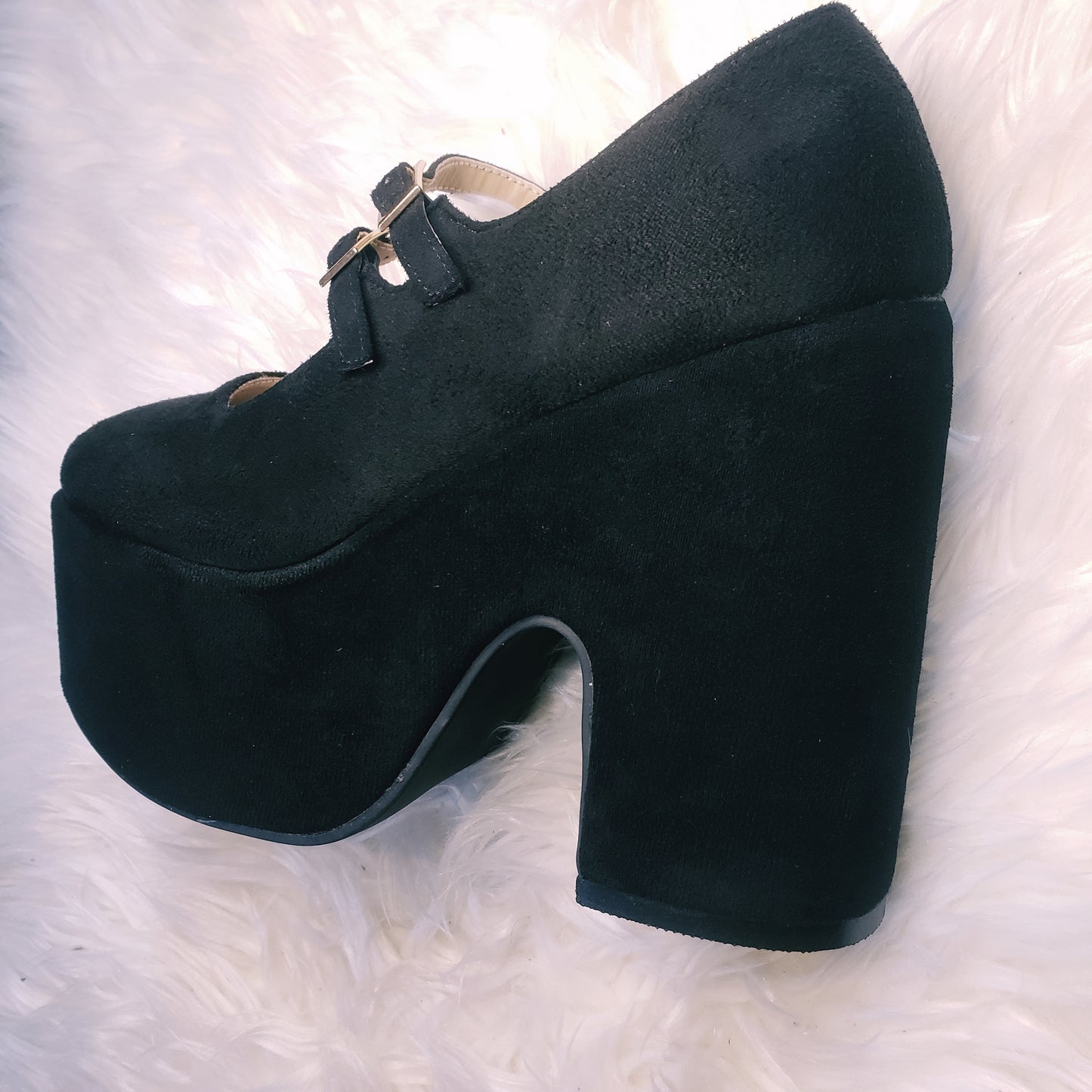 Black retro chunky platform mary jane heels. Black suede round toe platform heels inspired by the 70's.