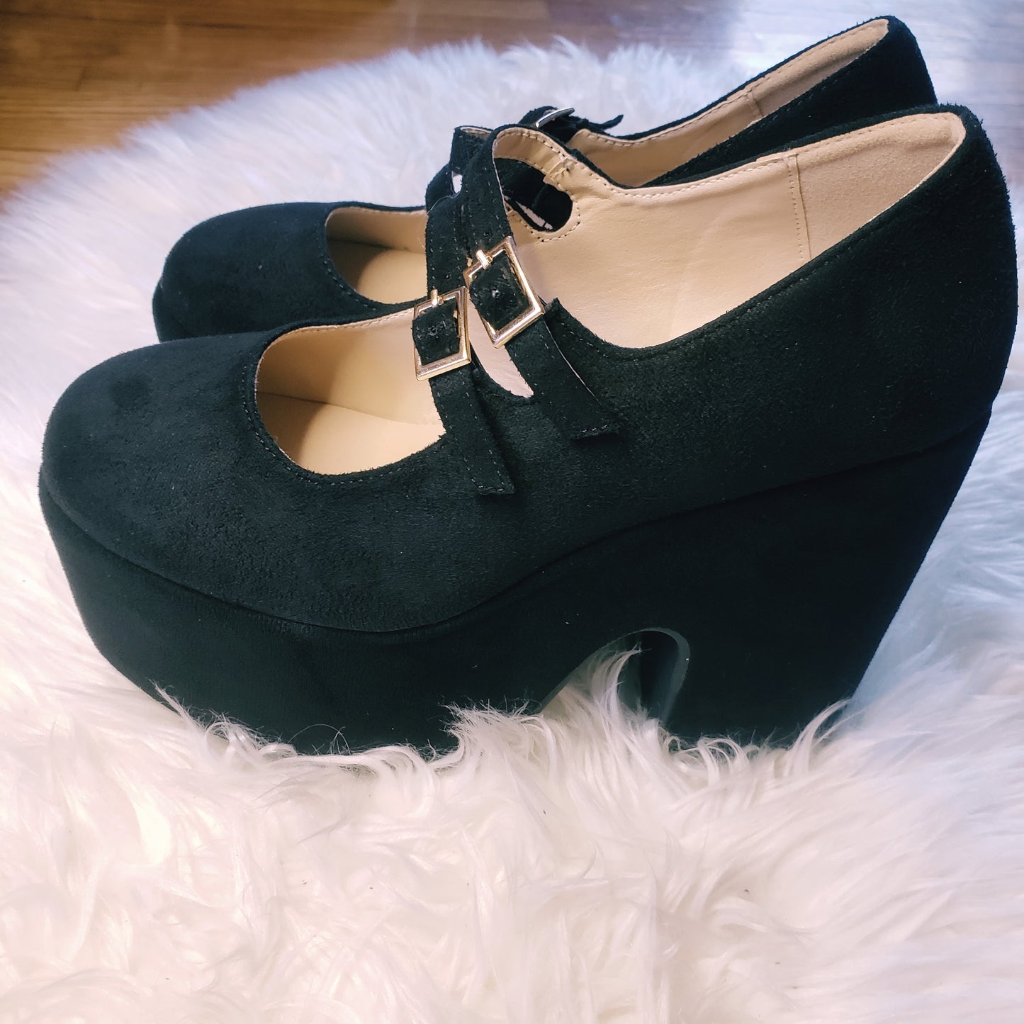 Black retro chunky platform mary jane heels. Black suede round toe platform heels inspired by the 70's. 