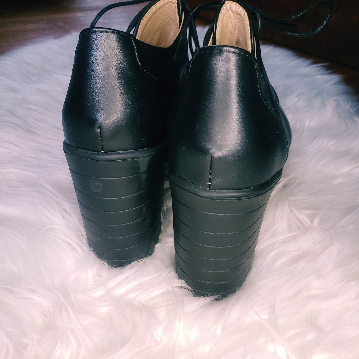 Black retro 70's disco shoes, platform chunky oxford heels.