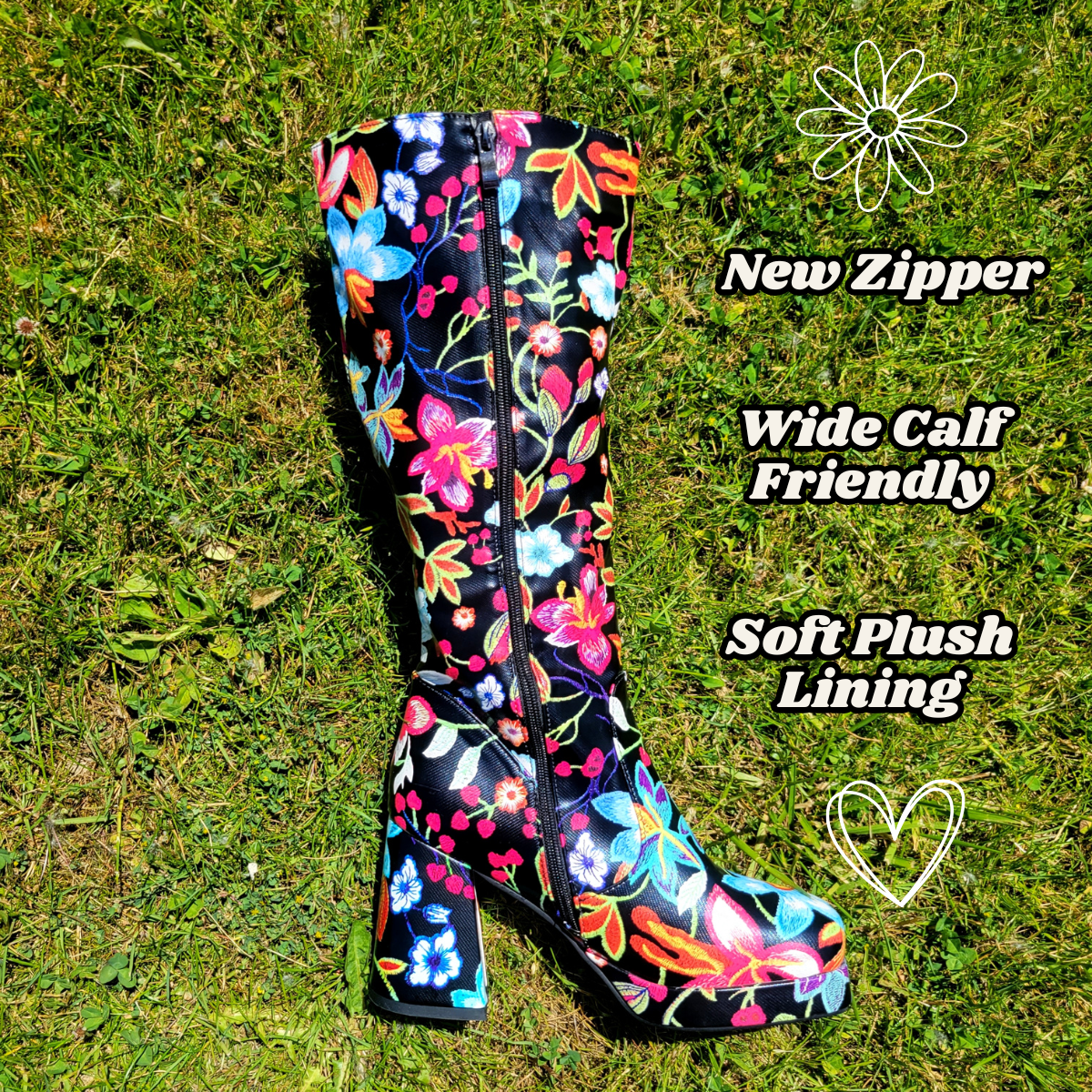 Black Flower Power Knee High Boots (Made to Order)