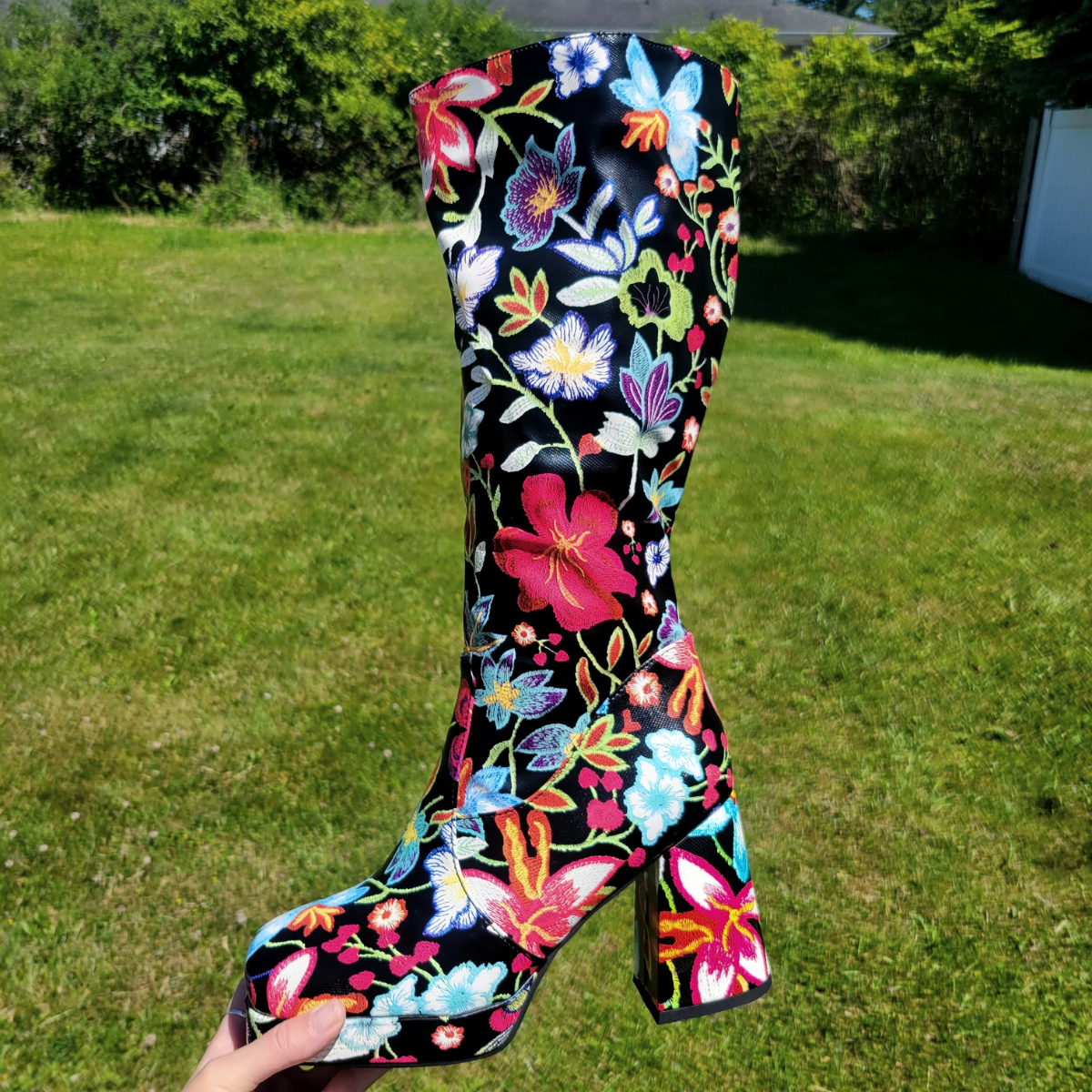 Black Flower Power Knee High Boots (Made to Order)