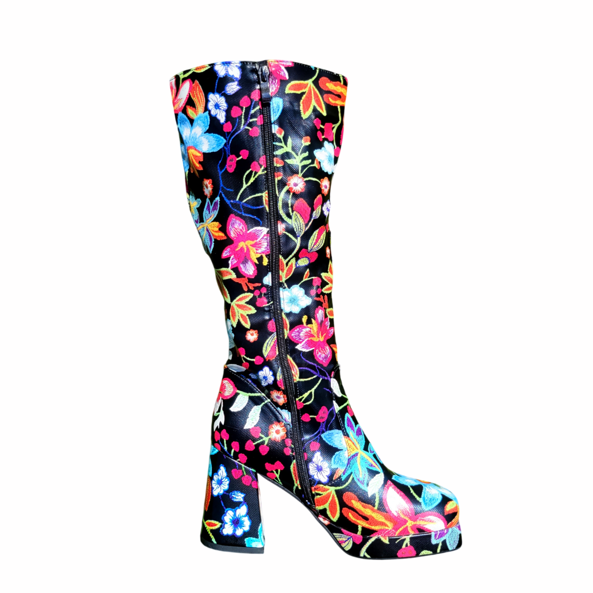 Black Flower Power Knee High Boots (Made to Order)