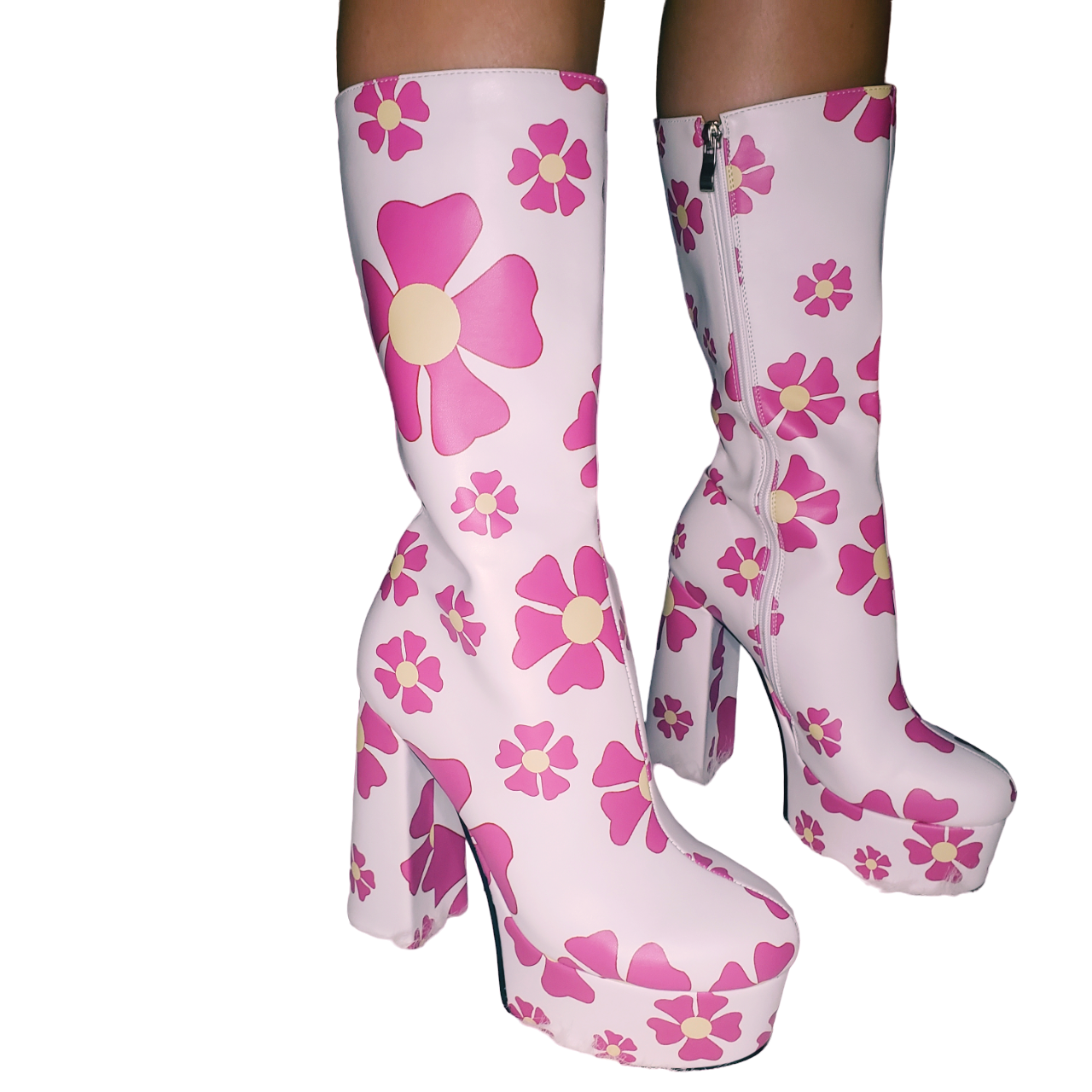 White Platform Gogo Boots with pink 70's flowers