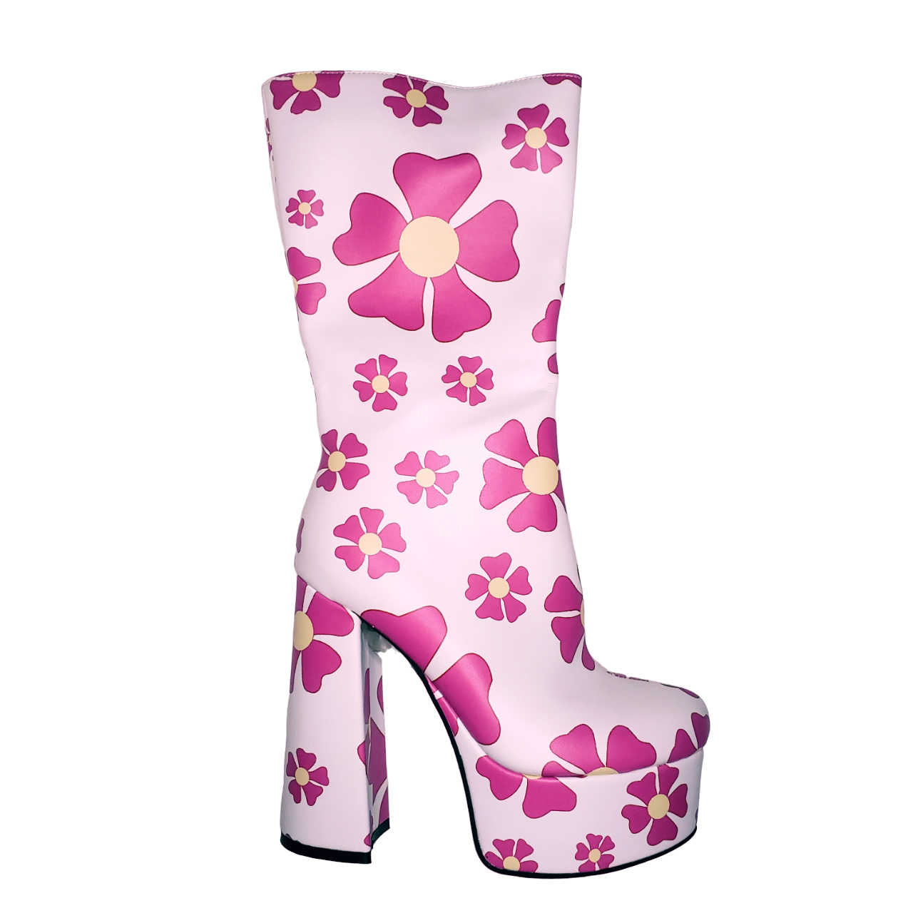 White Platform Gogo Boots with pink 70's flowers