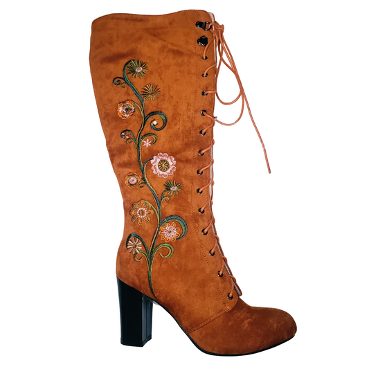 Penny Lane Boots-Brown suede floral embroidered boots