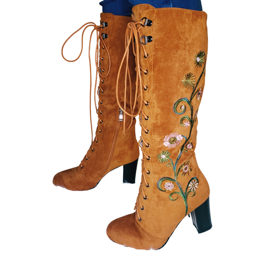 Penny Lane Boots-Brown suede floral embroidered boots
