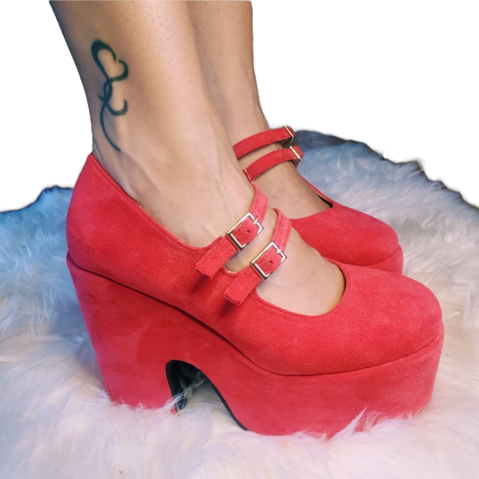 Red retro chunky platform mary jane heels. Red suede round toe platform heels inspired by the 70's. 