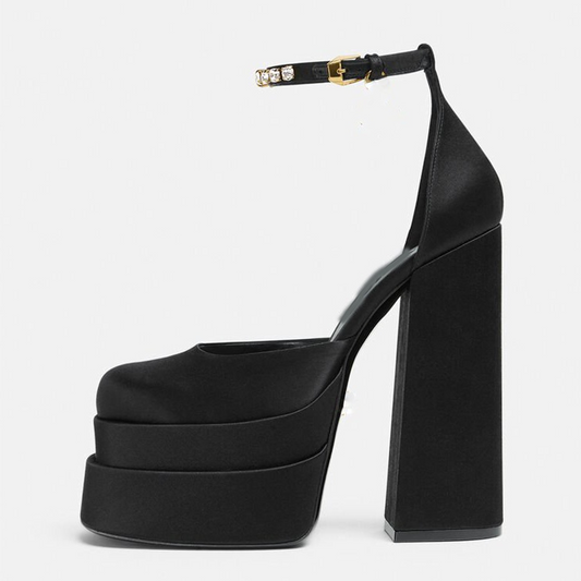 Black Satin Stacked platform pump heels with sparkly silver rhinestone ankle strap. Three layer stacked platform design with chunky block heel.