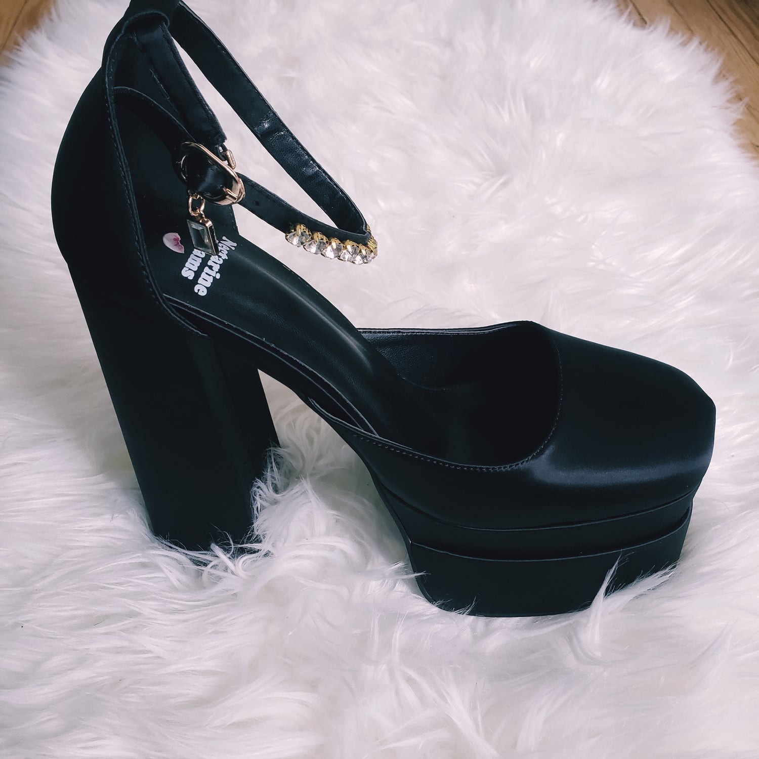 Black Satin Stacked platform pump heels with sparkly silver rhinestone ankle strap. Three layer stacked platform design with chunky block heel.