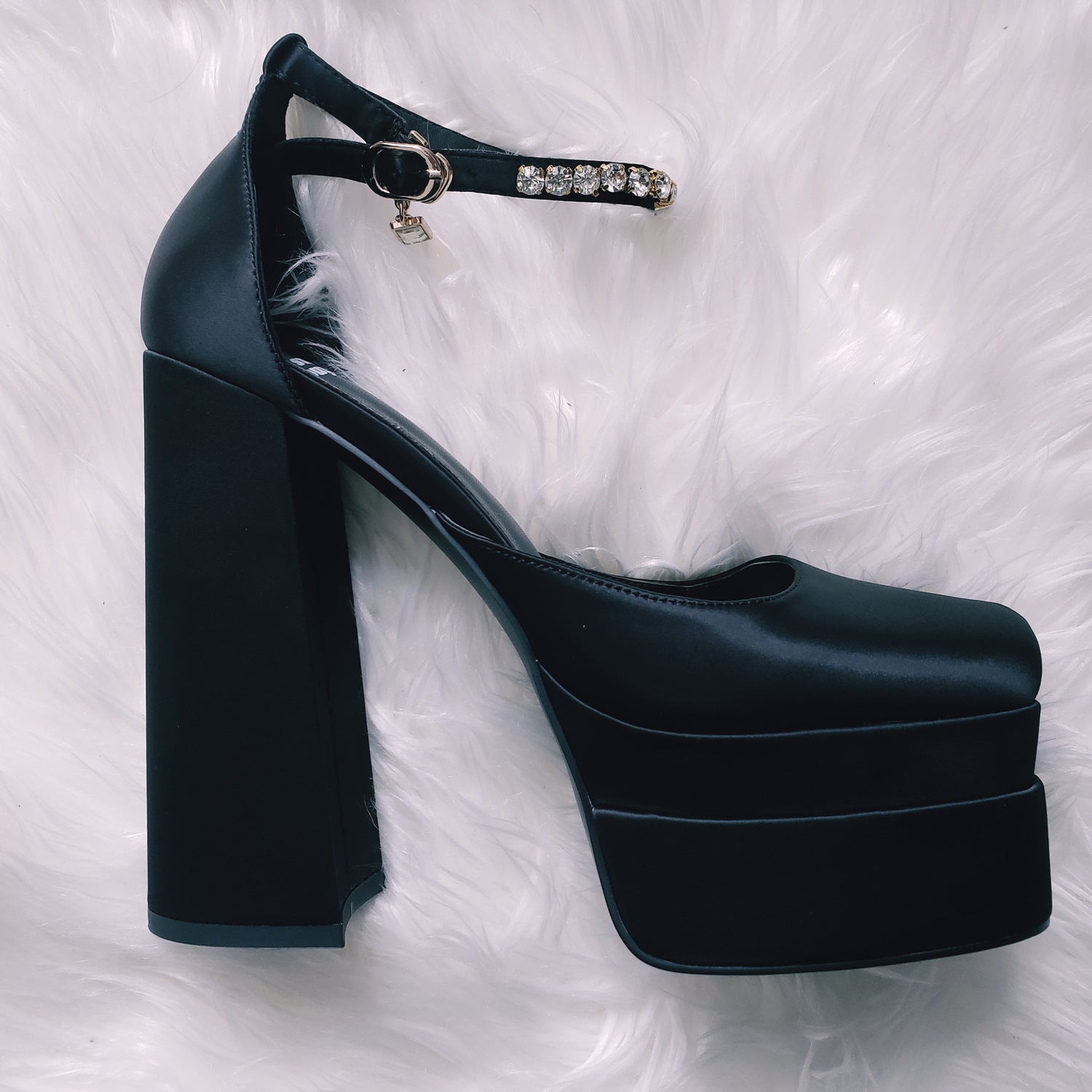 Black Satin Stacked platform pump heels with sparkly silver rhinestone ankle strap. Three layer stacked platform design with chunky block heel.