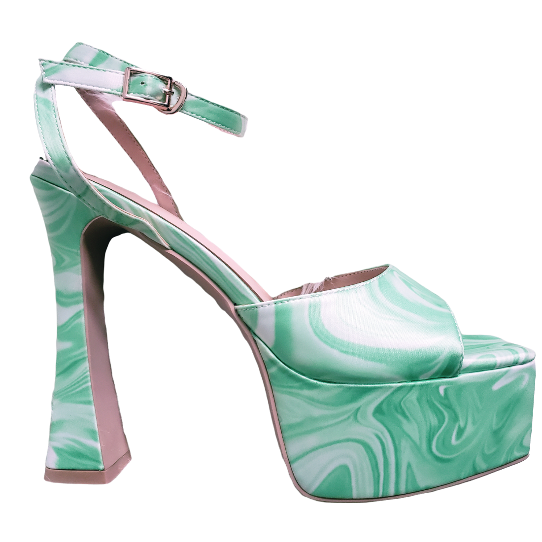 Green Satin Swirl Platform Heels