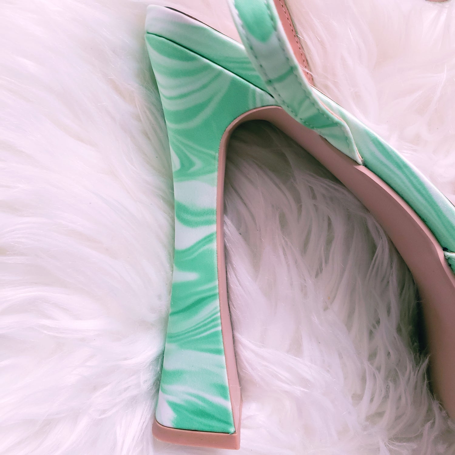 Satin Marble swirl platform heels with strappy design and open toe. Flared platform heel.