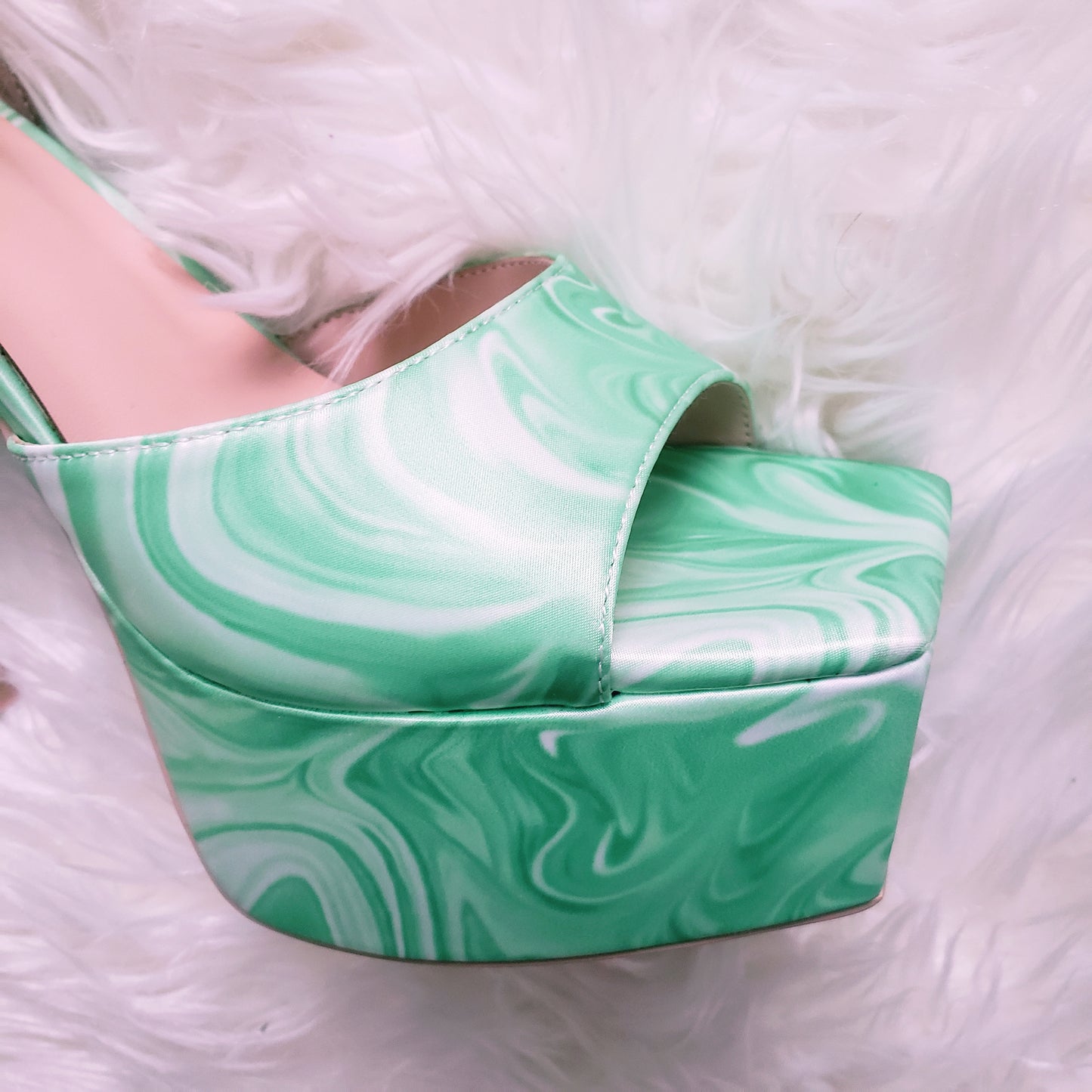 Satin Marble swirl platform heels with strappy design and open toe. Flared platform heel.