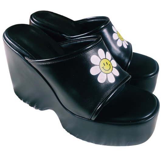 Black Crazy Daisy Platform Slide Sandals
