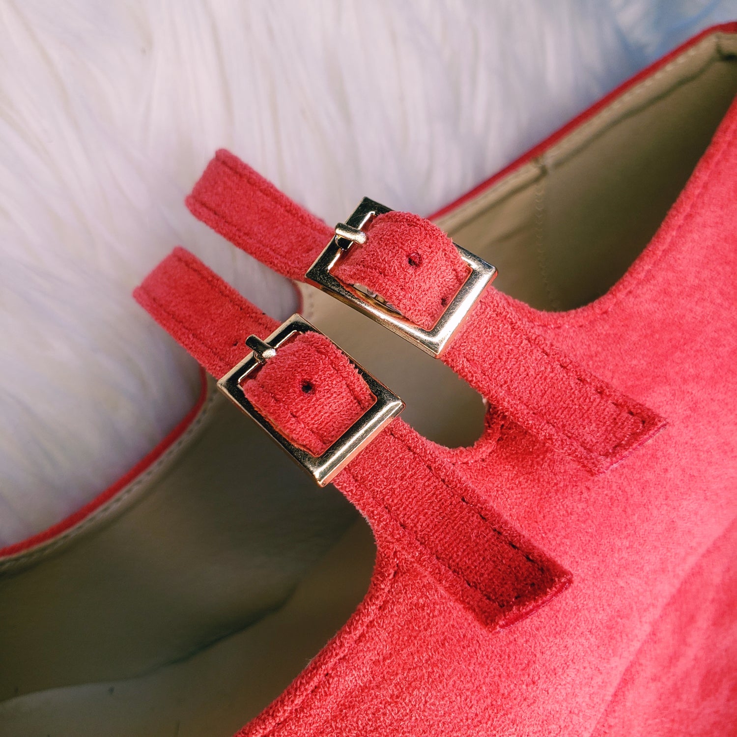 Red retro chunky platform mary jane heels. Red suede round toe platform heels inspired by the 70's. 
