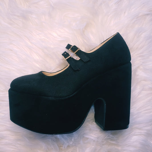 Black retro chunky platform mary jane heels. Black suede round toe platform heels inspired by the 70's.