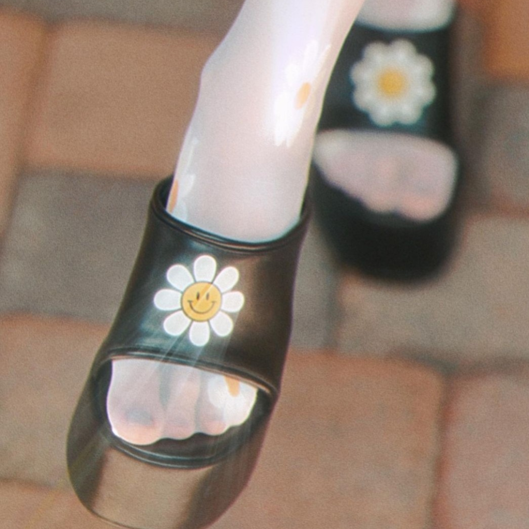 Black Crazy Daisy Platform Slide Sandals